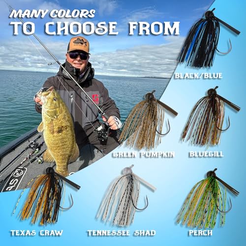 Football Head Fishing Jigs with Silicone Skirt for Bass Pike Walleye Muskie - 3 Pack