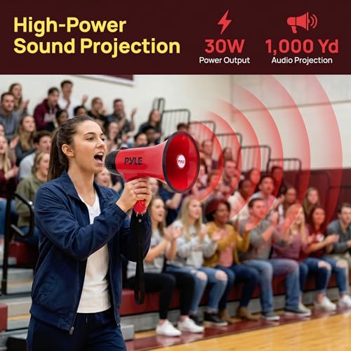 Pyle Rechargeable Bullhorn Megaphone with Voice Recording, AUX, Siren - Deep Red
