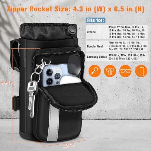 Black Bike Cup Holder with Phone Pocket - Universal Water Bottle Mount