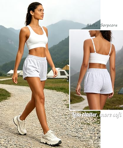 Women's Grey Medium High Waist Cotton Sweat Shorts with Pockets - Casual Summer Lounge Wear