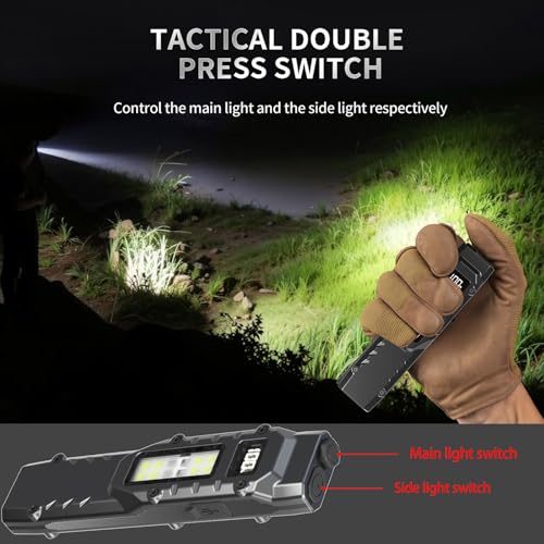 EDC Tactical Flashlight DT007, Compact 7 Mode Pocket LED Flashlight - 1500LM, USB-C Rechargeable Digital Display, IPX5 with Side Light and Clip for Everyday Carry Travel (1, Black)