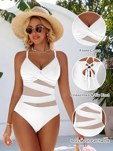 Mesh Cutout One-Piece Swimsuit - Push Up Tummy Control, Medium White
