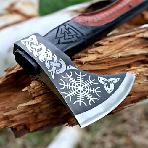 Wazir Crafts Handmade Viking Axe | 18" Carbon Steel Throwing Hatchet with Ash Wood Handle & Leather Sheath | Etched Norse Design, Functional & Collectible Gift(WCA-001)