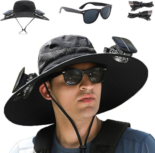 Fishing Hats for Men, Wide Brim Sun Hat with 2 Solar Fan, USB & Solar Powered Fishing Hats, Outdoor Solar Fan Hats & Beach Hat UPF 50+ (Black)