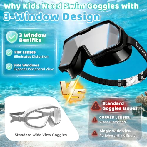 Kids Swim Goggles - Anti-Fog UV Wide View, Fabric Strap, Black & Green