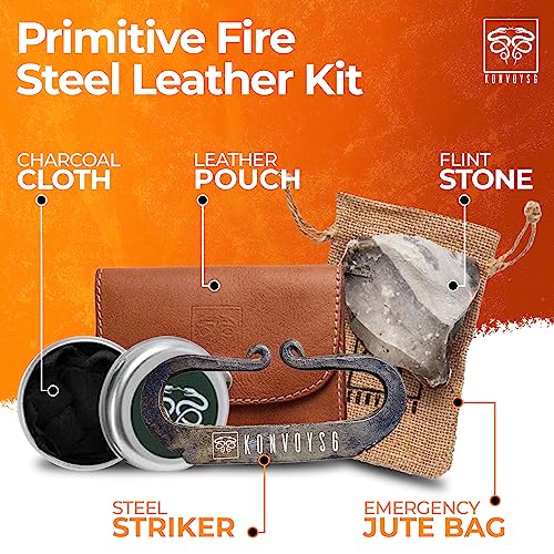 Hand-Forged Carbon Steel Fire Kit with English Flint - Coyote Brown Leather Pouch