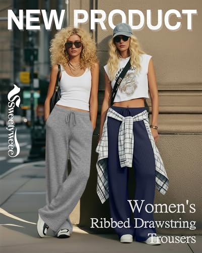 Women's Ribbed Knit Wide Leg Pants - Black, Gray, Navy (3 Pack, Large)