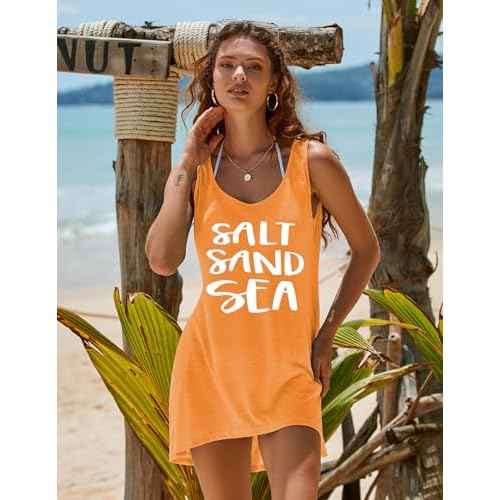 Ekouaer Women's Sleeveless Swimwear Coverups T-Shirt Beach Dress Tank Bikini Cover Up with Print