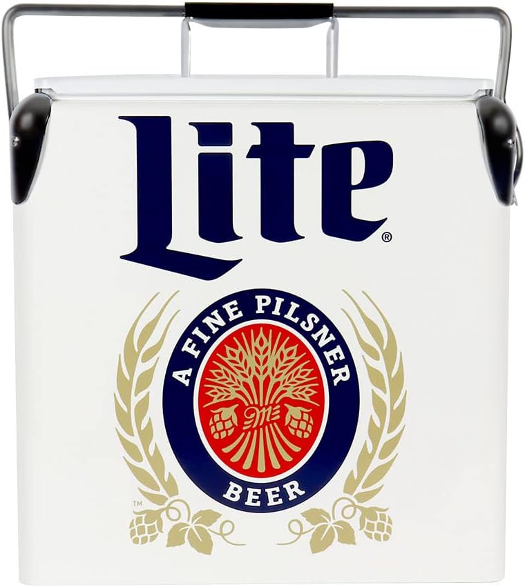 Miller Light Retro Ice Chest Cooler - Portable Ice Bucket with Bottle Opener, Vintage Style, Insulated for Camping, Beach, Picnic, RV, BBQs, Tailgating, Fishing, 18 Can Ice Box, 13L (14 qt)