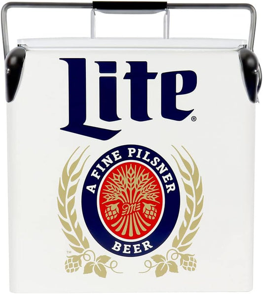 Miller Light Retro Ice Chest Cooler - Portable Ice Bucket with Bottle Opener, Vintage Style, Insulated for Camping, Beach, Picnic, RV, BBQs, Tailgating, Fishing, 18 Can Ice Box, 13L (14 qt)
