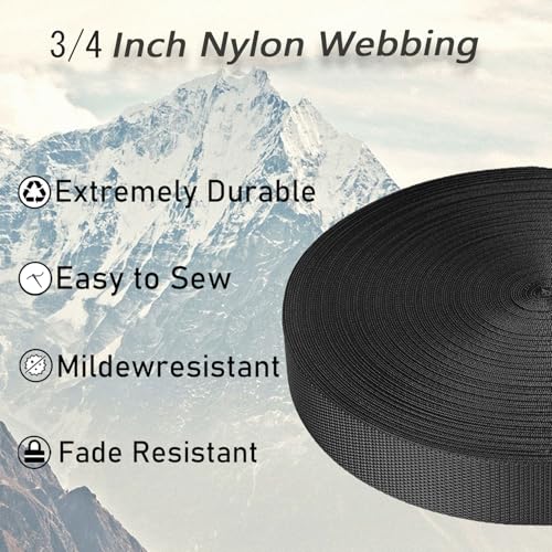 Black Nylon Webbing Strap 3/4 Inch x 12 Yards Heavy Duty DIY Webbing for Pet Collars & Gear