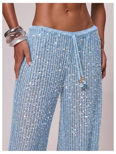 Women's Sequin Crochet Cover Up Pants Large Light Blue Beach Swimwear