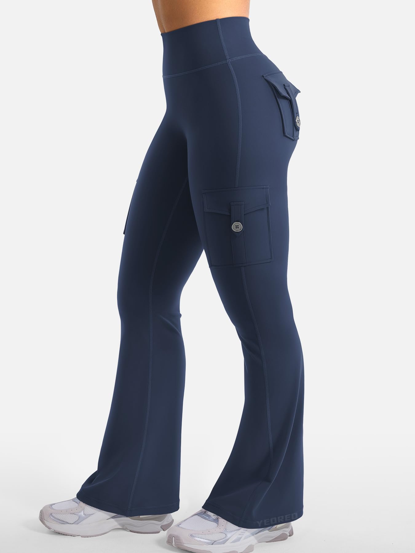 YEOREO CoreFlex Women Workout Flare Leggings with Pockets Hidden Scrunch High Waisted Cargo Gym Yoga No Front Seam Leggings Blue Navy XS
