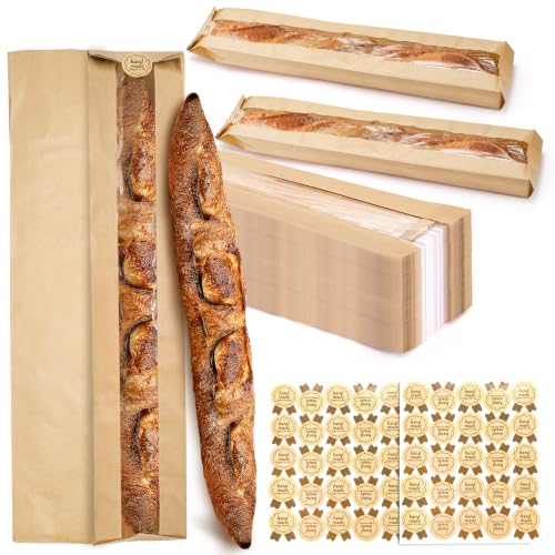 100 Pack Baguette Kraft Bags with Clear Window and Seal Stickers - 23x4x1.6 Inches