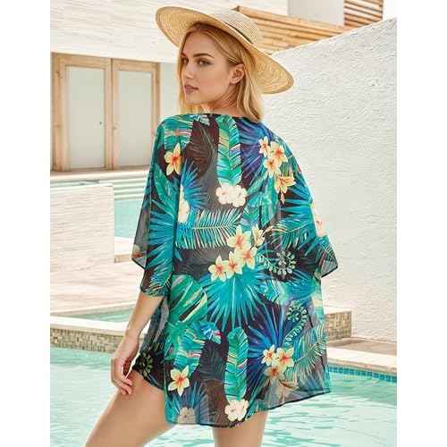 Women's Floral Print Puff Sleeve Kimono Cardigan Loose Cover Up Casual Blouse Tops