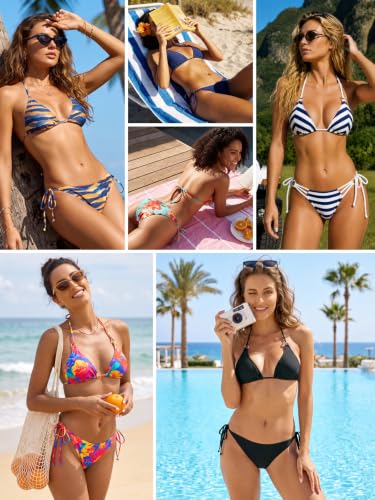 RELLECIGA Women’s String Bikini Set Triangle Halter Swimsuit Medium Stripe