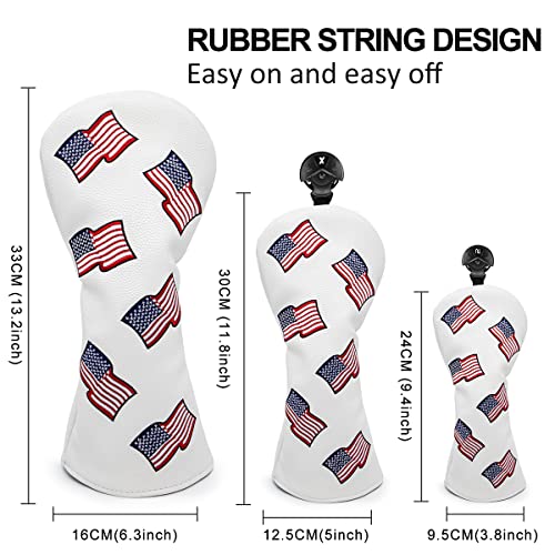 3pcs US Flag Patriotism Golf Club Head Covers Set for Driver, Fairway & Hybrid - Synthetic Leather