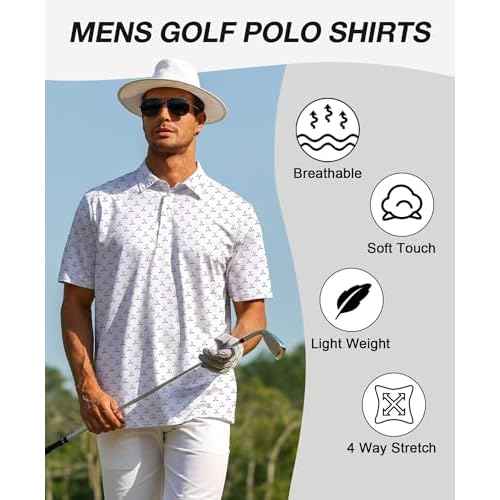ELETOP Mens Polo Shirts Short Sleeve Golf Shirts Moisture Wicking Dry Fit Print Performance Golf Polos for Men Collared Shirt