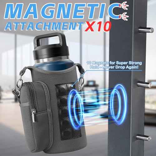 Magnetic Gym Bag Designed for 32oz/50oz Bottles with 10 Built-in Super Strong Magnets, Gym Magnetic Water Bottle Carrier Workout Pouch, with Phone Pockets & Handle Shoulder Strap, Fits for YETI Owala