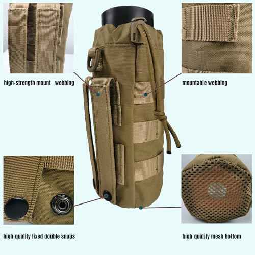 Tactical MOLLE Water Bottle Holder, Upgraded Water Bottle Pouch with Drawstring Open Top & Mesh Bottom, 16/24/25/32oz Water Bottle Carrier Bag with D-Ring Hook for Backpack