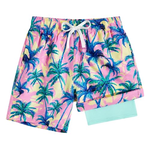 Boys Swim Trunks with Compression Liner - Gradient Palm Tree, 7-20T