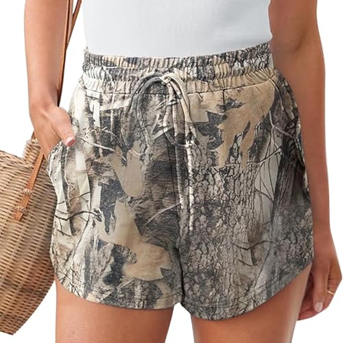 Medium Camo Sweat Shorts for Women Drawstring Elastic Waist Maple Leaf Print Lounge Athletic Shorts with Pockets - JoinQueen