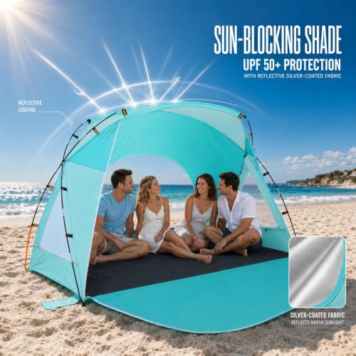 Etto Portable Sun Shelter Beach Tent - 4 Person Turquoise Ocean UPF 50+ Waterproof Canopy
