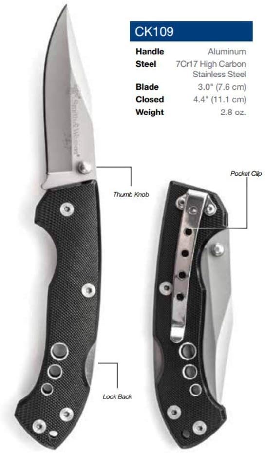 Smith & Wesson 24/7 CK109 7.4in High Carbon S.S. Folding Knife with 3in Clip Point Blade and Aluminum Handle for Outdoor, Tactical, Survival and EDC