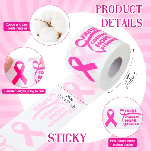 Geiserailie 2 Pack Breast Cancer Awareness Sticky Athletic Tape 2in x 30ft Pink Ribbon Cotton Sports Tape Wrist Wrap for Football Soccer Trainers Finger Wrist Ankle Men Women Gifts(White)