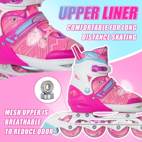 Kids Adjustable Inline Skates Pink Large US 5-8 with Light Up Wheels