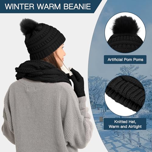 4pcs Winter Beanie Hat Scarf Touch Screen Gloves Warm Knit Socks Set for Women Knit Hat with Faux Fur Ball Scarves Glove