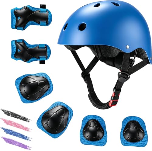 Kids Bike Helmet for Ages 2-8 - Adjustable Safety Helmet with Protective Gear Set - Blue, Small
