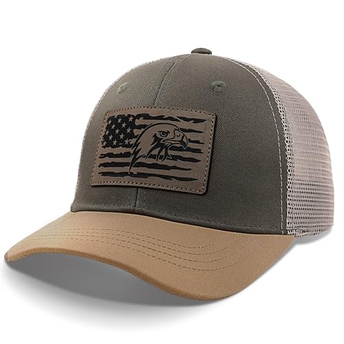American Flag Trucker Hat for Men Women Gray-Green/Brown Adjustable Mesh Baseball Cap