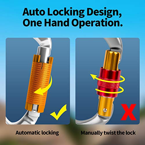 Auto Locking Rock Climbing Carabiner Clips - Silver 2 Pack Heavy Duty 25KN 5620 lbs