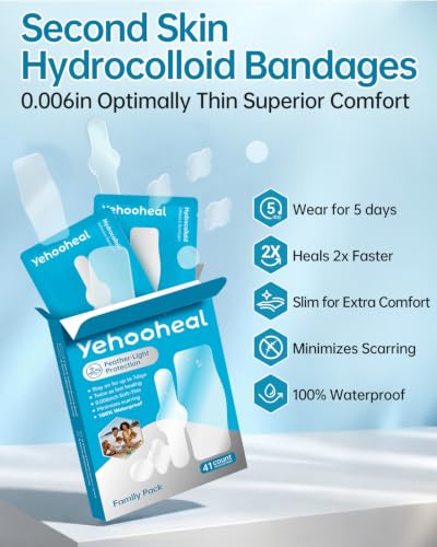 Hydrocolloid Bandages Variety Pack Assorted Sizes, 41 Count - Waterproof & Faster Healing