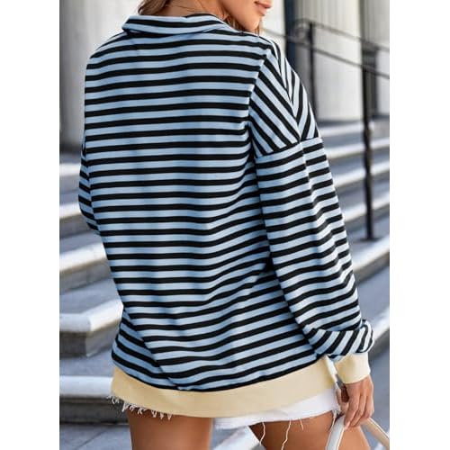 EVALESS Oversized Sweatshirt for Women 2024 Fall Outfits Fashion Long Sleeve Shirts Striped Quarter Zip Pullover Tops