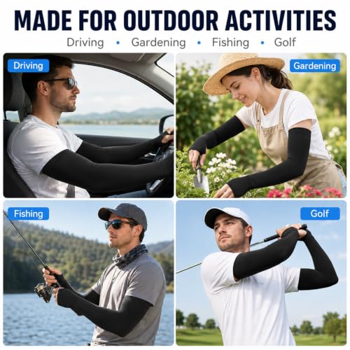12 Pairs UV Sun Protection Arm Sleeves with Thumb Holes Black - Compression Cooling