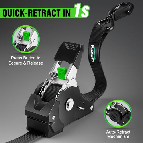 Retractable Ratchet Straps 1in x 10ft Black - 1650lb Break Strength, Auto-Rewind
