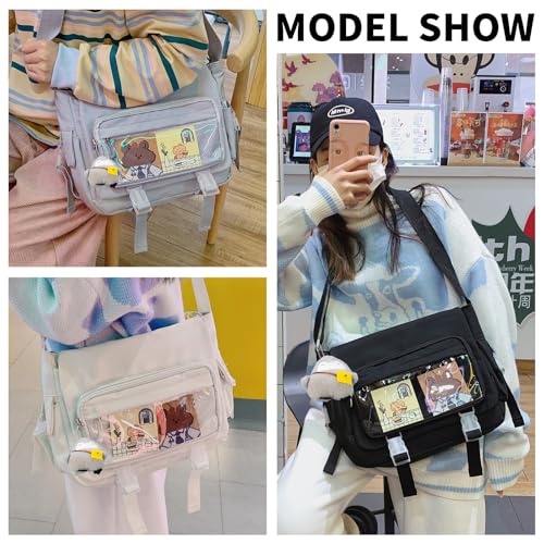 Kawaii Crossbody Ita Bag for Women with Pin & Plush Penguin - Large Black Fit Laptop