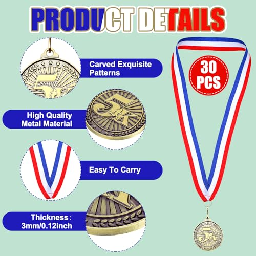 5K Race Medals Bulk Set - Gold Metal 2 Inch with Ribbons, 30 Pack - Variation of 30 / 5K