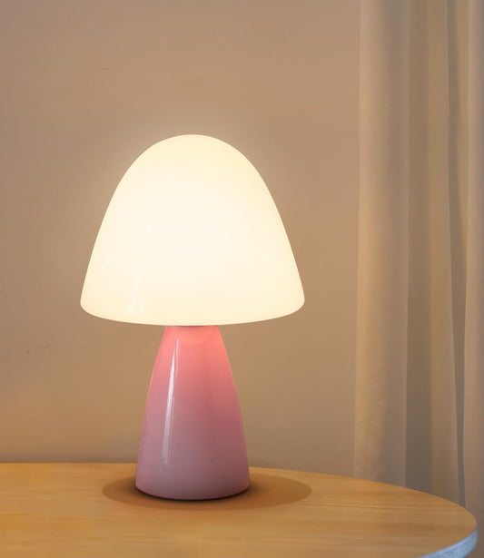 Glass Mushroom Lamp, Retro Dimmable Bulb Replaceable Desk Table Lamp for Bedroom Living Room Nightstand, Mid Century Modern Aesthetic Lamp (2700K 9W, White Glass Shade)