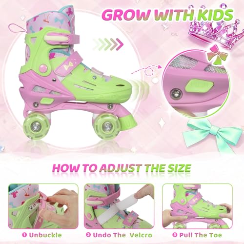 Kids Adjustable Roller Skates with Light-Up Wheels - Green, Medium (13C-3), Princess & Tie-Dye, Indoor Outdoor, Birthday Gift