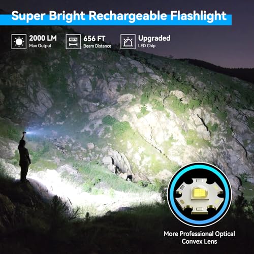 LETMY Rechargeable Flashlights High Lumens, 2 Pack 2000 Lumens Bright LED Tactical Flashlight, 3 Modes Samll Powerful Flash Lights with Clip, Waterproof Flashlights for Home Emergency Camping (Blue)