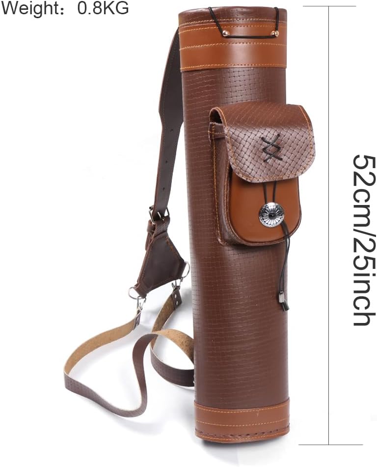 TOPARCHERY Traditional Shoulder Back Quiver Bow Leather Arrow Holder with Large Pouch Handmade Straps Belt Bag Brown