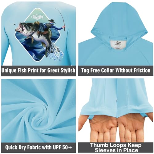 Palmyth Boys Fishing Shirt with UPF 50+ Sun Protection, Long Sleeve Hoodie - Ice Blue, Cowboy Master, Large