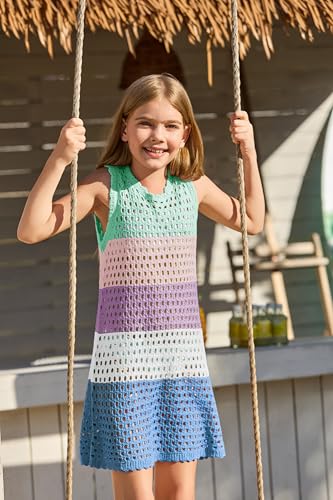 Kids Girls Color Block Crochet Swim Cover Up Dress - Light Green, 7-8 Years