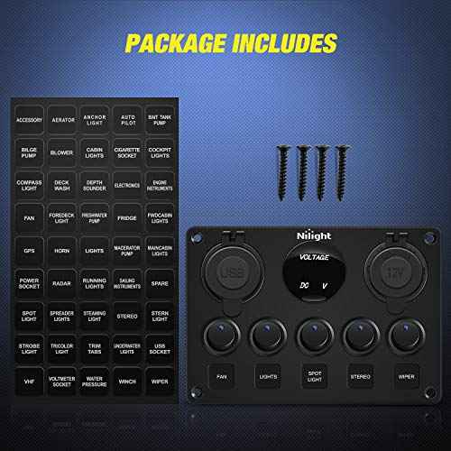 Nilight 90101E 5Gang Multi-Function 5 Gang Rocker Dual USB Charger + Digital Volmeter +12V Outlet Pre-Wired Switch Panel with Circuit Breakers for RV Car Boat Truck Trailer,2 Years Warranty,Blue