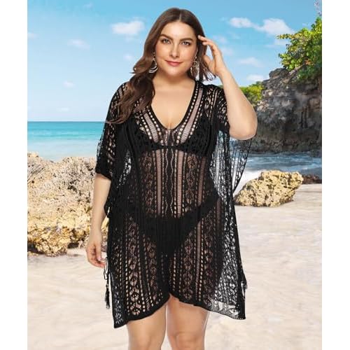Swimsuit Coverup for Women Plus Size Knit Crochet Bathing Suit Cover Ups Hollow Out Outfits Beach Cover Up Bikini Dress