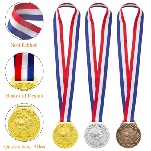 3 Pcs Pickleball Medals Set - Gold, Silver, Bronze Metal Awards with Ribbons
