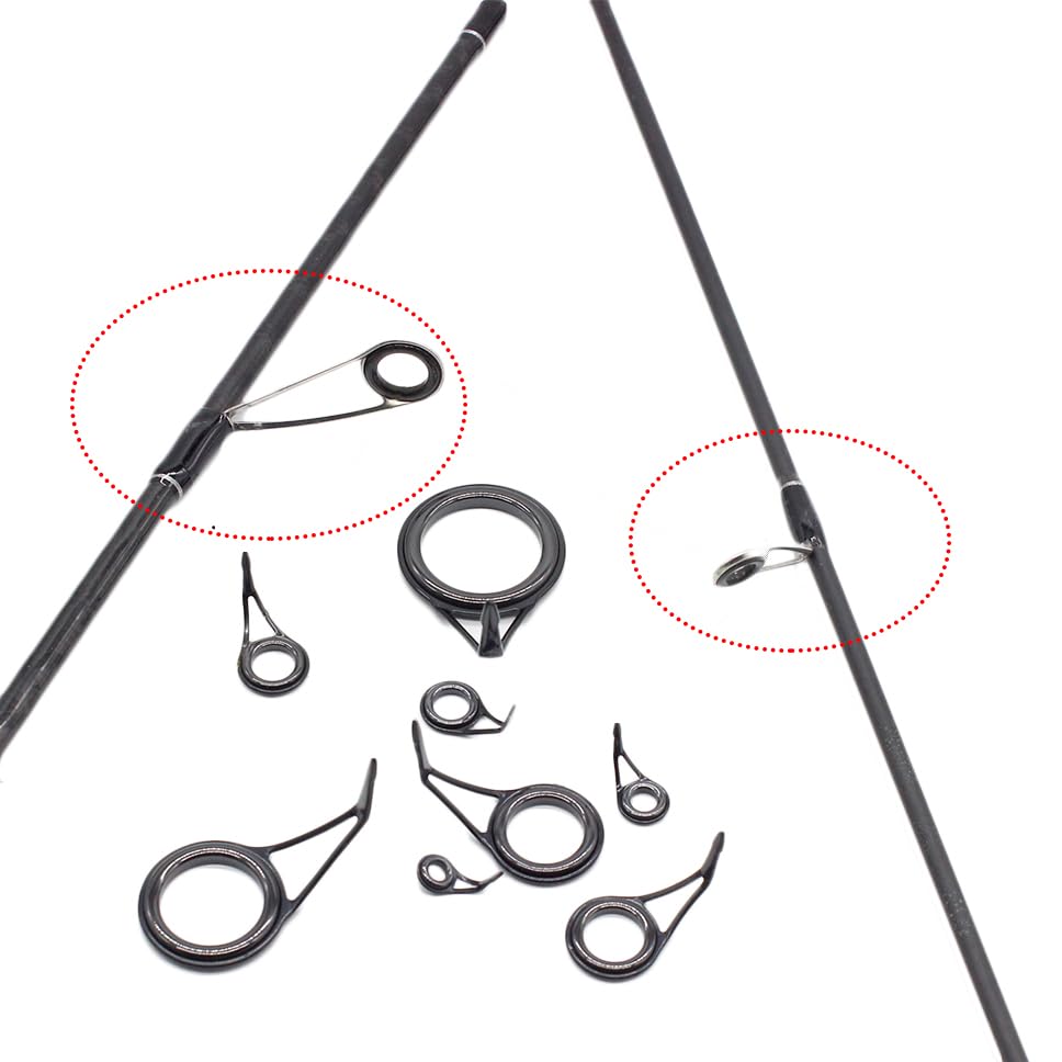 Generic 8pcs Fishing Rod Guides Sets Tip Repair Kit Pole Repair Kit Set Fishing Accessories Spinning Rod Guides Tip Ceramic Guide Steel Ceramic Ring Fishing Rod Guides Tips 6#-30#, Black, YGDH001
